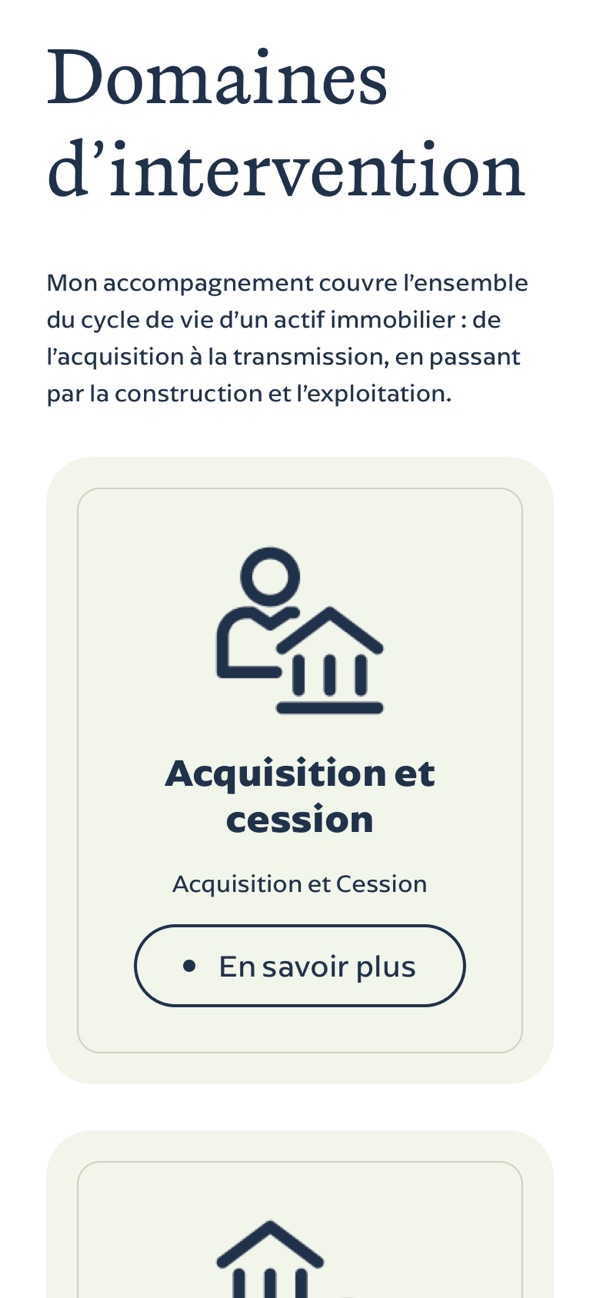 Section « Domaines d’intervention » sur téléphone.